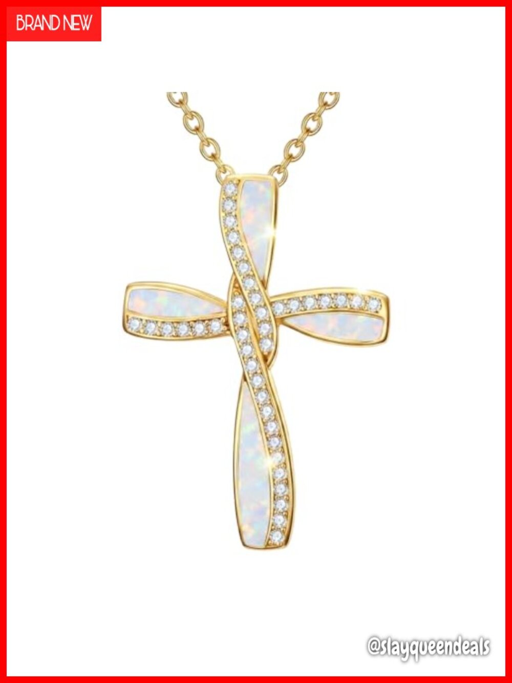 14K Gold Plated Cross Pendant Necklace Opal CZ Infinity Design 18-20 Inch